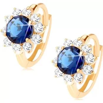 Náušnice Zlaté kruhové náušnice 14K s květem ze syntetického safíru a zirkonů