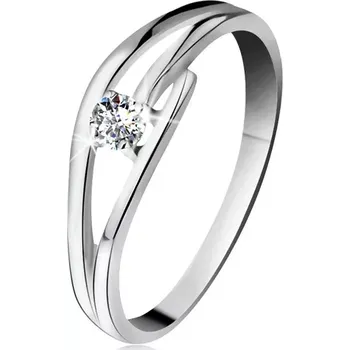 Prsten Prsten z bílého zlata 585 s třpytivým diamantem, rozdělená zvlněná ramena - Velikost: 49