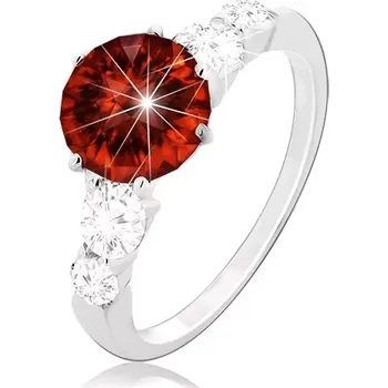 Prsten Stříbrný prsten 925, kulatý červený zirkon a čiré zirkony na ramenech - Velikost: 60