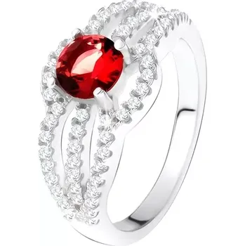 Prsten Prsten ze stříbra 925, červený kámen, oblé zirkonové linie - Velikost: 55