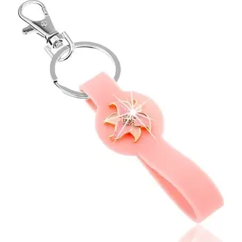 Přívěsek na klíče, silikonová část růžové barvy, blyštivý květ
