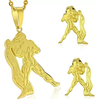 Souprava šperků Ocelový set zlaté barvy - přívěsek a puzetové náušnice, znamení VODNÁŘ