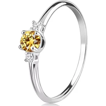 Prsten Prsten z bílého 14K zlata - kulatý citrín se dvěma kubickými zirkony po stranách - Velikost: 56