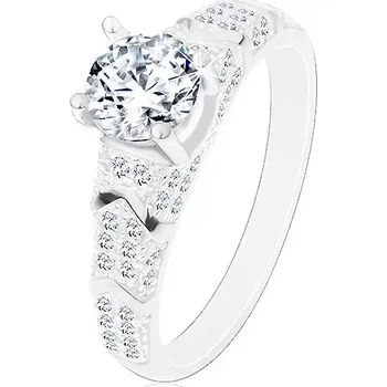 Prsten Stříbrný 925 prsten, kulatý zirkon čiré barvy, třpytivá ramena, obloučky - Velikost: 54