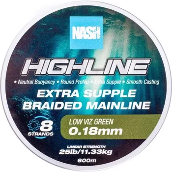 Rybářská šňůra NASH - Pletená šňůra Highline Extra Supple Braid Green 600 m 0,18 mm 11,33 kg