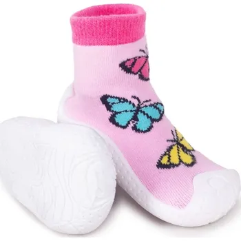 YO Ponožky s gumovou podrážkou - ponožkoboty dívčí - růžové s motýlky, velikost: 20