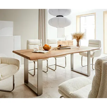 Jídelní stůl DELIFE Jídelní stůl Edge 200x100 XL akácie přírodní nerezová ocel úzký Live-Edge