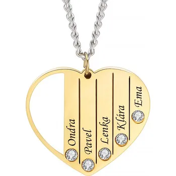 Přívěsek Přívěsek s řetízkem Srdce Family s krystaly 5 jmen zlatý