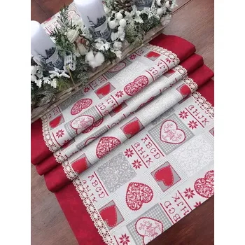 ubrus Běhoun vánoční - červený srdíčkový patchwork 47 x 137 cm