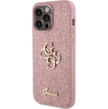 Pouzdro na mobilní telefon Guess PU Fixed Glitter 4G Metal Logo Zadní Kryt pro iPhone 15 Pro Max Růžový Prémiový kryt je vyroben s použitím speciálního materiálu, uvnitř kterého jsou umístěny třpytky, které jej dělají neuvěřit