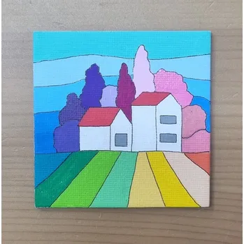 Dekorativní magnet Magnetka na lednici s domečky a polem(na plátně)