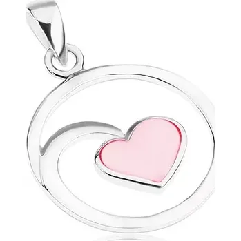 Přívěsek Stříbrný 925 přívěsek, obrys kruhu, zrcadlový lesk, srdíčko, růžová perleť