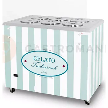 Zmrzlina Distributor zmrzliny, vitrína na zmrzlinu, konzervátor, retro, 6 tub, okrouhlé nádoby na zmrzlinu (kyvety), 1063x670x895 mm, bílo-pastelově modrý | RESTO QUALITY, GELATO POZETTI 6 PASTEL BLUE