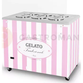 Zmrzlina Distributor zmrzliny, vitrína na zmrzlinu, konzervátor, retro, 6 tub, okrouhlé nádoby na zmrzlinu (kyvety), 1063x670x895 mm, bílo-růžový | RESTO QUALITY, GELATO POZETTI 6 PINK