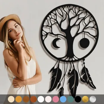 Obraz WoodenPuzzle.cz Dřevěný obraz - Strom života s pírky Barva: Černá, Velikost: M