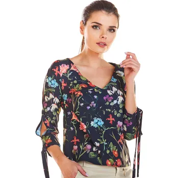 Dámská halenka Halenka s 3/4 rukávy květovaná M191 Barva: Tmavě Modrá, Velikost: L