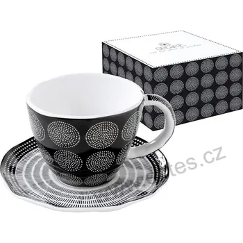 Easy Life ORGANIC 4 porcelánový šálek a podšálek bílá tečkovaná kolečka na černém pozadí 280ml