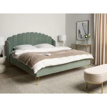 Postel Postel zelená sametová 180 x 200 cm čalouněný rám postele kovové nohy retro design zaoblené prošívané čelo ve tvaru mušle ložnice Beliani