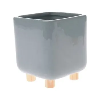 Obal na květináč Keramický obal na květináč s dřevěnými možkami, světle zelený, 0/24