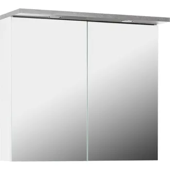 Koupelnový nábytek Závěsná skříňka ELZA 2D se zrcadlem a osvětlením, bílá/beton + vyzvednutí ZDARMA