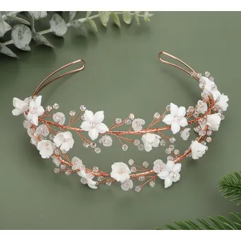 Čelenka B-TOP Čelenka do vlasů s bílými keramickými květy Druh barvy: Zlatá růžová