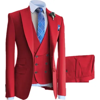 Pánský oblek Luxusní svatební oblek na svatbu s dvouřadou vestou Barva: Červená, Velikost: 4XL