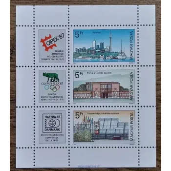 Poštovní známka Maďarsko ** aršík Bl 189A, filatelistické výstavy, r. 1987
