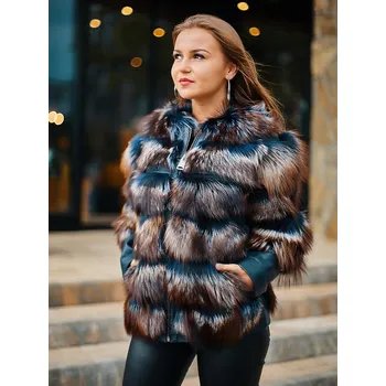 Dámská casual bunda Luxusní kožená bunda s pravou kožešinou MULTI - modrá, VELIKOST L