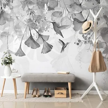 Tapeta Dovido Samolepící tapeta listy s kolibříky v černobílém