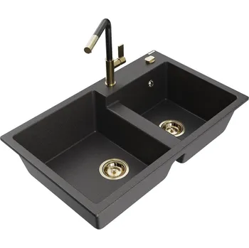 Mexen Tomas 2miskový granit dřez s kuchyňskou baterií Flora, černá 6516-76-670401-75-G