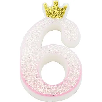 Dortová svíčka Svíčka číslo 6 růžová s korunkou a glitrem 9,5 cm gi50686