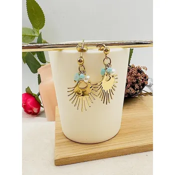 Náušnice B&E Bijoux Dámské visací náušnice zlaté z chirurgické oceli, tyrkysové s korálky