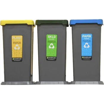 Odpadkový koš Odpadkový koš na tříděný odpad TRIO, 70 l - šedá nádoba, zelené víko