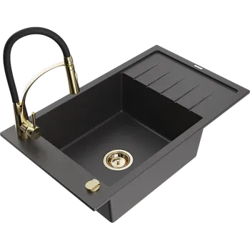 Granitový dřez Mexen Elias granitový dřez 1-komorový s odkapem a kuchyňskou baterií Aster, černý s tečkami - 6511-76-73450-57-G Granitové dřezy s baterií