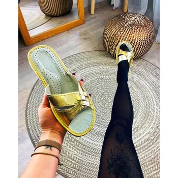 Dámské pantofle Dámské kožené papuče zlaté proplétané, VELIKOST 38