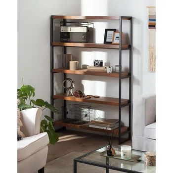 Obývací pokoj Polička na knihy Tmavé dřevo barva MDF deska Práškově lakovaná ocel 155 x 100 x 30 cm Klasické Praktické 5 přihrádek Obývací pokoj Beliani