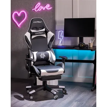 Herní židle Černá bílá umělá kůže otočná nastavitelná područky a výška stupačky moderní Beliani