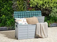 Zahradní úložný box Zahradní úložný box šedá se zeleným plastem 112 x 50 cm s úchyty kolečka venkovní box na nářadí Beliani
