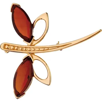 Brož Pozlacená stříbrná brož s jantary - vážka - AP529-3374