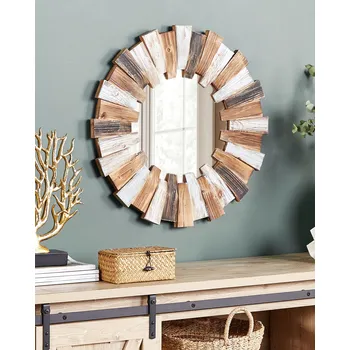 Zrcadlo Nástěnné zrcadlo světlé dřevo MDF dřevěná dýha ø 66 cm kulaté dekorativní ručně vyrobené rustikální dizajn Beliani
