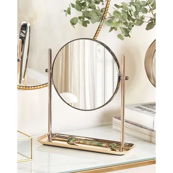 Zrcadlo Kosmetické zrcadlo zlaté železný kovový rám ø 20 cm so stojanem 1x/3x zvětšovací sklo obojstranné Beliani