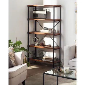 Knihovna Police MDF deska v barvě tmavého dřeva Práškově lakovaná ocel 160 x 80 x 36 cm Průmyslový styl 5 přihrádek Praktický obývací pokoj Beliani