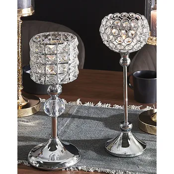 Svícen Svícen na čajovou svíčku kovový stříbrný tvar misky se skleněnými krystaly 27 cm glamour styl Beliani