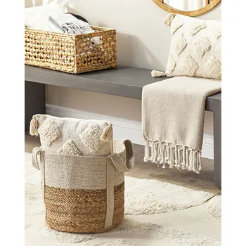 Koš na prádlo Úložný koš na prádlo přírodní a béžový jutový koš pletený boho doplněk do interiéru ložnice Beliani