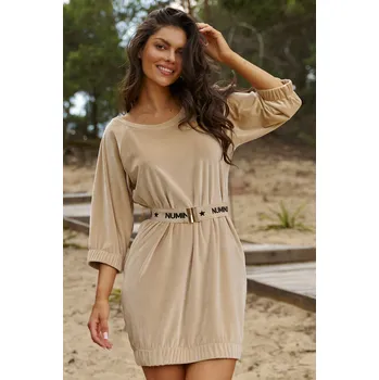 Dámská móda Velurové šaty s páskem NU457 NUMINOU Barva: Světle Hnědá, Velikost: L