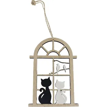 Dřevěná závěsná dekorace Okno s kočkami 11,5 cm (Ozdoba s kočkou k zavěšení)