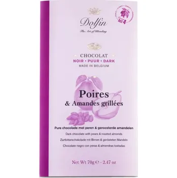 Čokoláda DOLFIN hořká čokoláda | hruška a pražené mandle 70 (Luxusní Belgická hořká čokoláda DOLFIN s hruškou a praženými mandlemi 70 g)