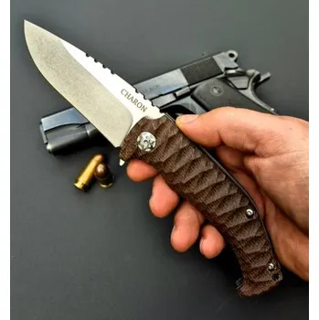 kapesní nůž Zavírací nůž Cháron EVO, Dachs Knives, StoneWash, Hnědá, Mikarta