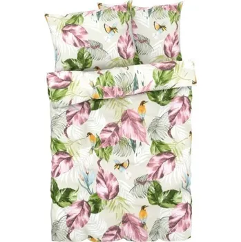 Povlečení KSTL 3-dílné francouzské povlečení Renforcé, 220 x 240 cm, 70 x 90 cm ptáci / listy velké