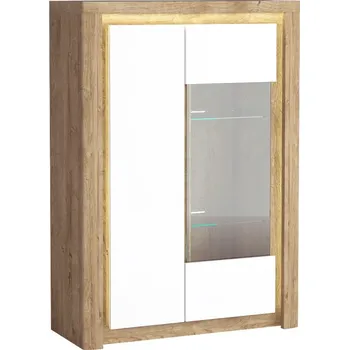 Obývací stěna Vitrína nízká LABRO s LED osvětlením, dub ribbeck/bílá lesk